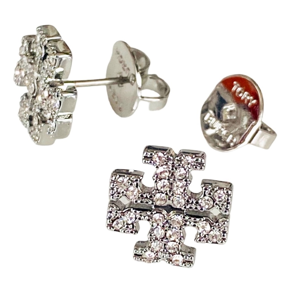 NEW Tory Burch Silver Small Logo Stud Earrings w Clear Pave Stones  $131